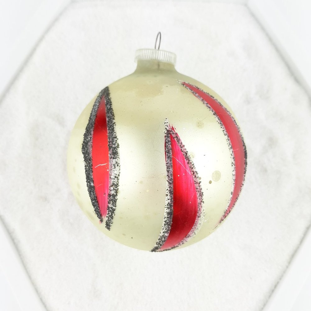 Vtg West Germany Mercury Glass Ball Mica Glitter Ornament Red Swoosh Stripe